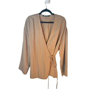 2/$30 ZARA Womens M-L Wrap Blouse Taupe Brown Viscose Blend
